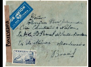 Spanien 1941, 4 Pts. u. rücks. 7 Marken auf Luftpost Zensur Brief n. Brasilien