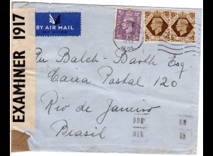 GB 1941, 3d+2x1 Sh. auf Luftpost Zensur Brief v. Cheltenham n. Brasilien