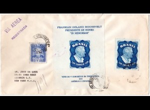 Brasilien 1949, Reko Brief m. Roosevelt Block u. Marke (o. Wz) u. weiterer Marke