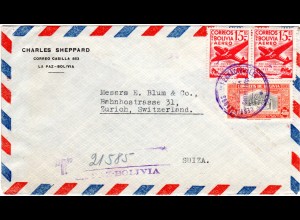 Bolivien 1951, 3 Marken auf Einschreiben Luftpost Brief v. La Paz i.d. Schweiz