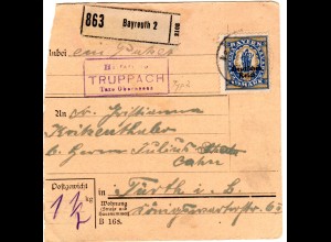 DR 1921, Bayern Posthilfstelle TRUPPACH Taxe Obernsees auf Paketkarte m. 1 1/4 M
