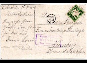 Bayern 1907, Posthilfstelle WOLFSBERG Taxe Obertrubach auf Karte m. 5 Pf.