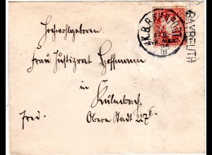 Bayern 1895, L1-Stationsstpl. BAYREUTH klar auf Brief m. 10 Pf. u. Bahnpoststpl.