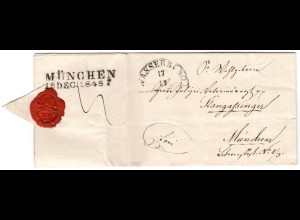 Bayern 1848, HKS WASSERBURG klar auf besonders schönem kl. Brief n. München.