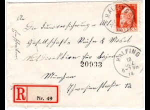 Bayern 1914, 30 Pf Luitpold auf Einschreiben Brief v. Halfing m. Blanko R-Zettel