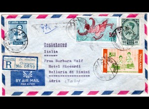 Thailand 1964, 4 Marken auf schönem Luftpost Reko Brief v. Chiangmai n. Italien