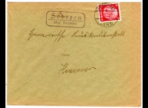 DR 1933, Landpost Stpl. SEBEREN über Kreiensen auf Brief m. 12 Pf.