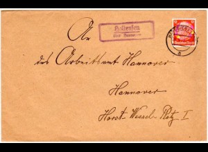 DR 1933, Landpost Stpl. HOLTENSEN über Hannover auf Brief m. 12 Pf.