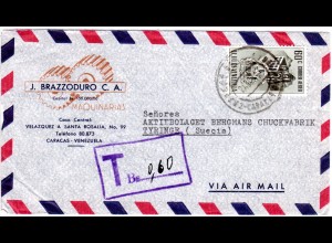 Venezuela 1953, 60 C. auf Luftpost Brief m. Portostempel v. Caracas n. Schweden 
