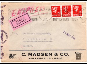 Norwegen 1944, 3x20 öre auf Express Zensur Brief v. Oslo n. Schweden
