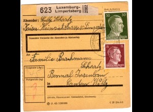 Luxemburg DR 1943, 15+30 Pf. auf Paketkarte v. Luxemburg-Limpertsberg