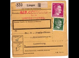 Luxemburg 1944, 5+40 Pf. auf Paketkarte v. Lintgen