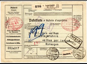 DR 1927, Paketkarte m rotem Gebühr bezahlt Ovalstempel v. Leverkusen n. Norwegen