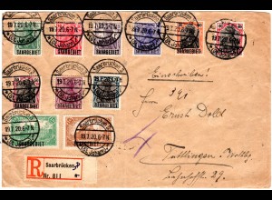 Saargebiet 1920, 11 Germania Marken auf Einschreiben Brief v. Saarbrücken