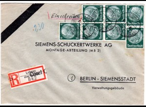 DR 1944, MeF 7x6 Pf. auf Einschreiben Brief m. Not-Rekozettel Lohnau über Cosel