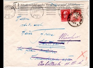 Bayern 1920, 10 Pf. Ludwig u. Wappen auf Nachsende Studentica Umschlag v München