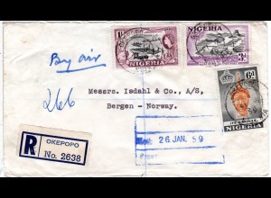 Nigeria 1959, 3+6d+1 Sh. auf Luftpost Einschreiben Brief v. Okepopo n. Norwegen