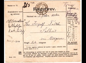 Norwegen 1918, "Frim. paa pakken" hds. Hinweis auf Paketkarte v. Dale 