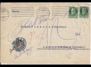 Bayern1918, 2x7 1/2 Pf. auf Brief v. Würzburg m Schweiz 15 C. Portomarke. #1410