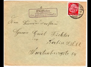 DR 1934, Landpost Stpl. WUGARTEN über Friedeberg auf Briefvorderseite m. 12 Pf.