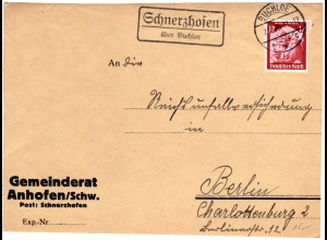 DR 1935, Landpost Stpl. SCHNERZHOFEN über Buchloe auf Briefteil m. 12 Pf.