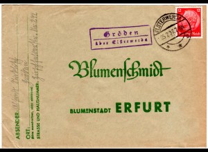 DR 1937, Landpost Stpl. GRÖDEN über Elsterwerda auf Brief m. 12 Pf.