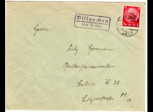DR 1936, Landpost Stpl. DISSENCHEN über Cottbus auf Brief m. 12 Pf.