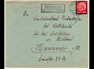 DR 1934, Landpost Stpl. SCHAMERLOH über Uchte (Bz. Bremen) auf Brief m. 12 Pf. 