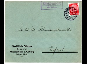 DR 1937, Landpost Stpl. MESCHENBACH über Coburg auf Brauerei Brief m. 12 Pf. 