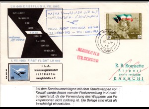 Kuwait Pakistan1963, LH Erstflug Brief Etappe Kuwait - Karachi.