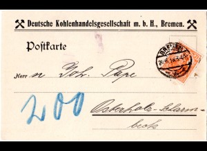 DR 1918, 7 1/2 Pf. Germania m. Firmenlochung auf Kohlenhandlungs Karte v. Bremen