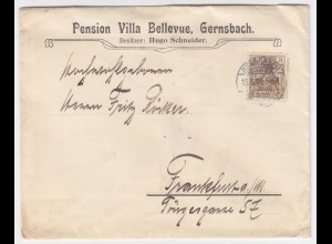 DR 1909, Reklame Werbung Brief Gernsbach Pension Bellevue m 3 Pf Germania. #1700