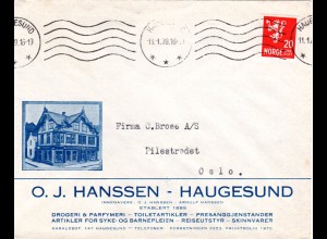 Norwegen 1939, 20 öre auf Bilderbrief v. Haugesund m. O.J. Hansen Gebäude.