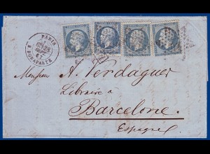 Frankreich 1867, Brief m. 4x 20 C. v. Paris nach Spanien. #S679