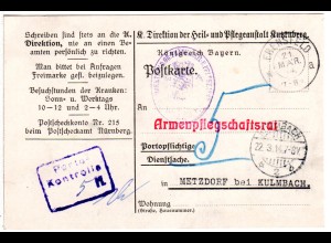 Bayern 1914, Dienstsache Karte v. Ebensfeld m. blauem Portrokontroll-Stempel 