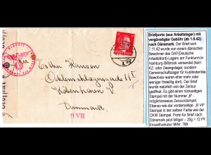 DR 1942. 12 Pf. auf Zensur Brief v. DAF Arbeitslager Hamburg n. Dänemark