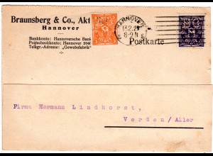 DR 1923, 5+20 Mk. m. perfins auf Firmen Karte v. Hannover
