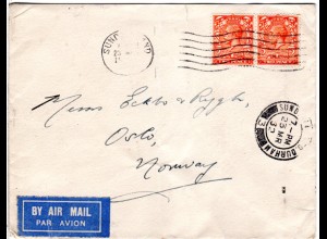 GB 1932, pair 2d on Air mail cover from Sunderland via Sweden to Norway