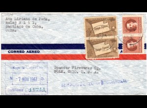 Cuba 1947, 4 Marken auf Reko Luftpost Brief v. Santiago n. USA m. L1 SERVICIO...