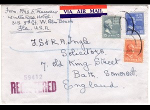 USA 1952, 10+15+30 C. Präsidenten auf Reko-Luftpost Brief v. Palm Beach n. GB