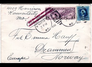 USA 1932, 5+5 C. on cover to Norway with 2-line Air Mail annulation cancel