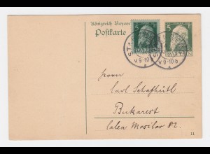Bayern 1911, 5 Pf. Zusatzfrankatur auf Ganzsache v. Starnberg n. Rumänien. #2373