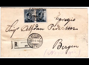 Italien 1914, MeF 2x15 C. auf Einschreiben Drucksache v. Messina n. Norwegen