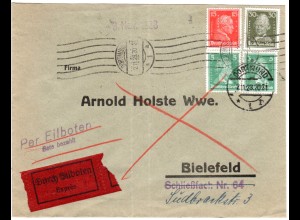 DR 1928, 2x5+15+30 Pf m. perfin auf Eilboten Rückbrief v. Dortmund n. Bielefeld