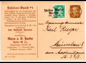 DR, m. Zusatzfr. v. Berlin gebr. 3 Pf. Privatganzsache Karte Füsilier-Bund 73