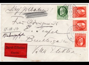 Bayern 1914, 5+3x10 Pf. Ludwig auf Eilboten Brief v. München n. Berchtesgaden