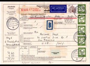 BRD 1966, 5x2 M.+10 Pf. auf Luftpost Wert-Paketkarte v. Frankfurt n. USA