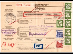 BRD 1966, 6x2 M.+20+40 Pf. auf Luftpost Wert-Paketkarte v. Frankfurt n. USA