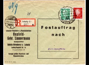 DR 1930, 5+60 Pf. m. perfin auf Einschreiben Postauftrag Firmenbrief v. Leipzig