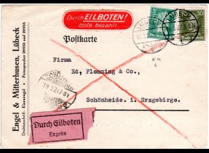 DR 1927, 5+30 Pf. m. perfin auf Eilboten Firmenkarte v. Lübeck